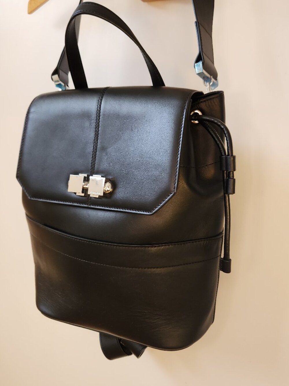 Carven Black Leather Backpack w/ Shoulder Strap